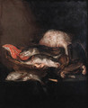 A ray on a barrel, a salmon-steak, a pike-perch and a coalfish in a basket with flounders, a knife and a crab on a draped table - Abraham Hendrickz Van Beyeren