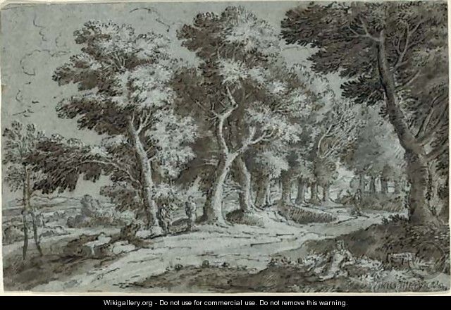 A wooded landscape with figures on a path - Abraham Genoels