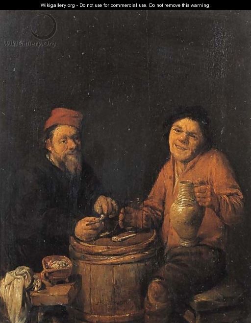 Boors drinking and smoking at a barrel - Abraham Diepraam