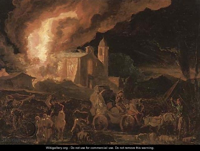 Soldiers sacking a burning monastry - Abraham Danielsz. Hondius