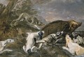 Hounds attacking a boar in a river landscape - Abraham Danielsz. Hondius