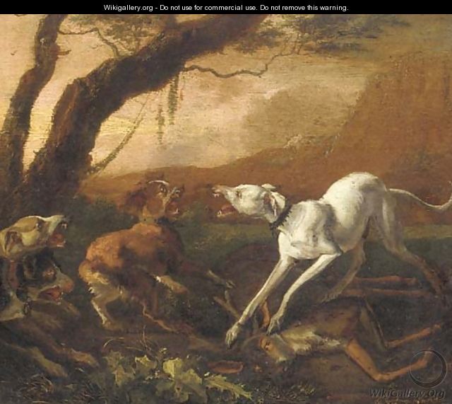 Dogs fighting ovar a dead stag in a landscape - Abraham Danielsz. Hondius