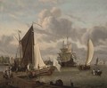 A port with smalschips and a man-o'-war, with fisherfolk and elegant company - Abraham Storck