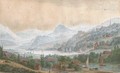 An extensive landscape with vessels on a lake, travellers and peasants near a town in the valley - Abraham Rademaker