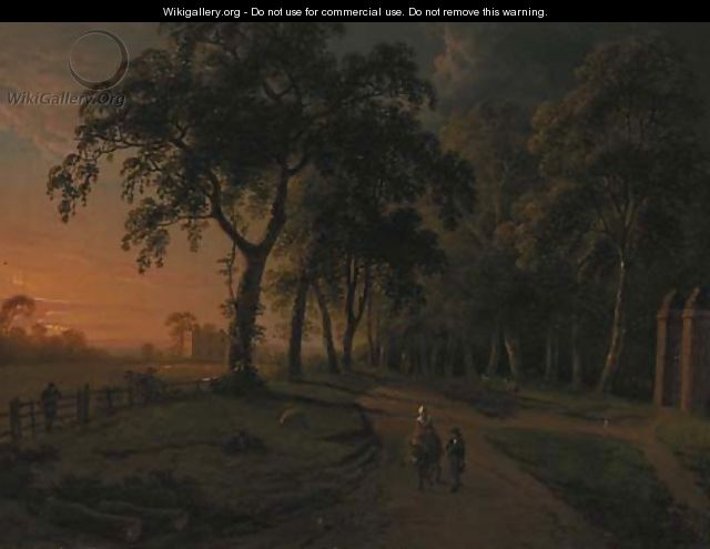 Figures on a parkland track with a country house beyond - Abraham Pether