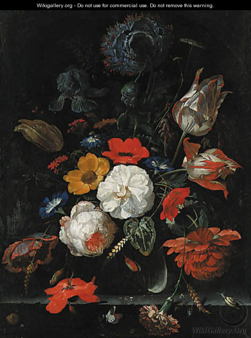 Roses, parrot tulips, poppies, morning glory, a carnation, an iris, paeonies and other flowers, with ears of corn in a glass vase with snails - Abraham Mignon