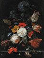 Roses, parrot tulips, poppies, morning glory, a carnation, an iris, paeonies and other flowers, with ears of corn in a glass vase with snails - Abraham Mignon