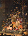 A forest floor still life with grapes, plums, rosehips, blackberries and ears of corn in a basket, with peaches, melons and corn cobs on a stone slab - Abraham Mignon