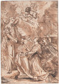 An angel presenting crowns to a kneeling couple in a church, putti above - Abraham Jansz. van Diepenbeeck