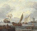 Wijdschepen setting out from a harbour by a windmill with fishermen on a jetty nearby, a man-o'-war and other shipping in the distance - Abraham Storck