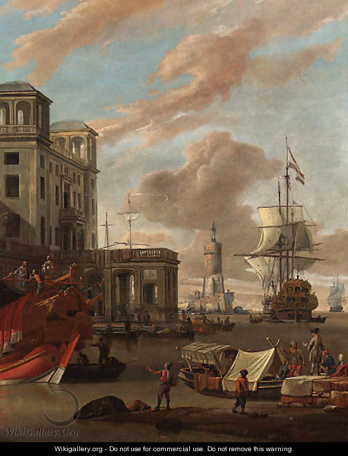 A Mediterranean port with traders by a quay, a princely galley, a Dutch man-o-war and other shipping beyond - Abraham Storck
