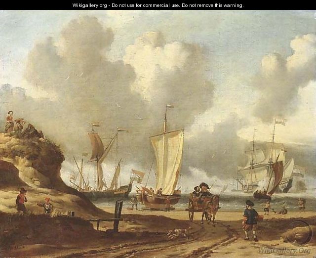A dune coastal landscape with a couple in a horse-drawn wagon and fishermen on the beach, shipping beyond - Abraham Storck
