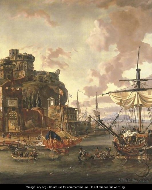 A capriccio of a Mediterranean port with with men-o