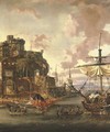 A capriccio of a Mediterranean port with with men-o'-war and figures in rowing boats - Abraham Storck
