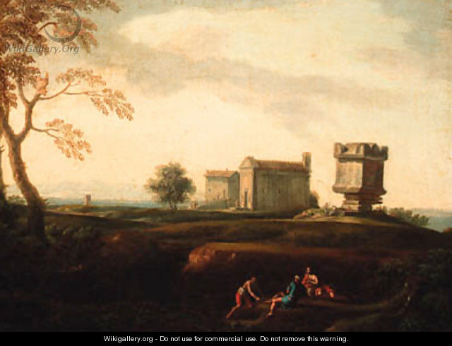 An Italianate landscape with peasants resting by a stream - (after) Isaac De Moucheron