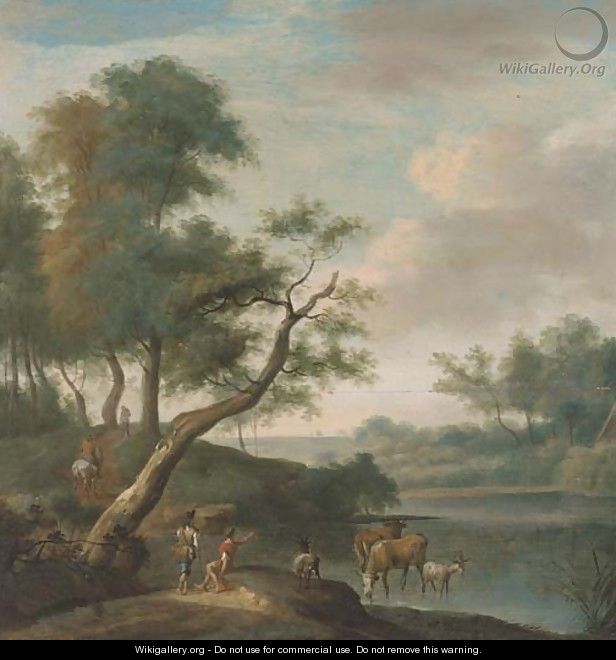 A landscape with travellers on a track and cattle and drovers at a ford - (after) Isaac De Moucheron