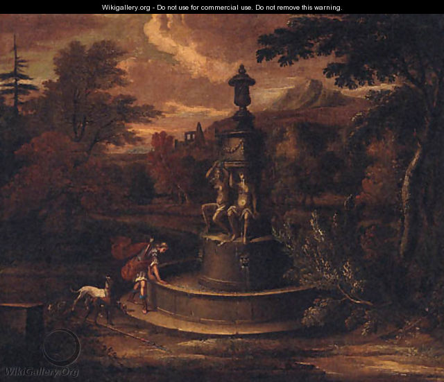 A landscape with Narcissus by a fountain - (after) Isaac De Moucheron