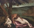 Two nymphs with a satyr on a river bank - (after) Ippolito Scarsella (see Scarsellino)