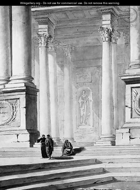 Three figures disputing under a classical portico - (after) Hubert Robert