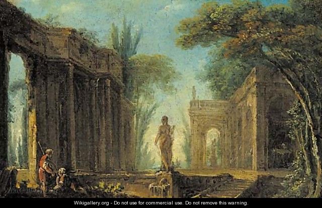 A capriccio of classical ruins with figures by a fountain - (after) Hubert Robert