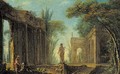 A capriccio of classical ruins with figures by a fountain - (after) Hubert Robert