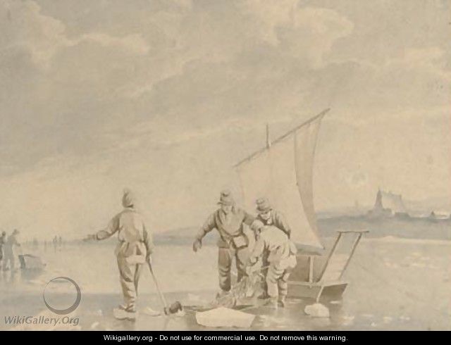 Dutch fishermen netting their catch on a frozen waterway - (after) Johannes Hermanus Snr Koekkoek
