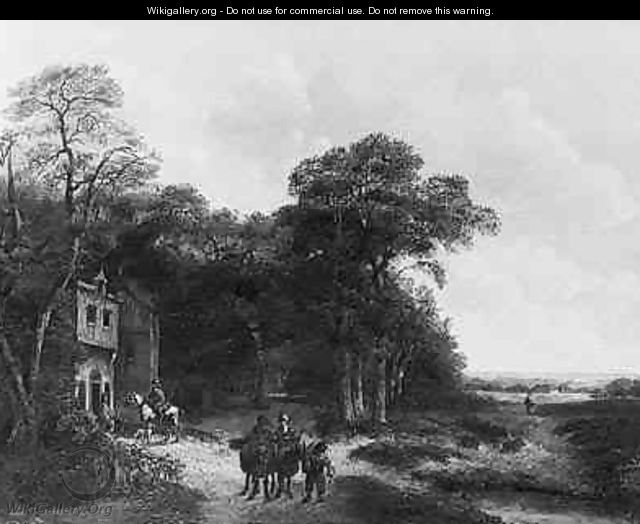 A wooded landscape with travellers by a farm - (after) Hermanus Jan Hendrik Rijkelijkhuijsen