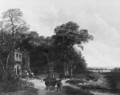 A wooded landscape with travellers by a farm - (after) Hermanus Jan Hendrik Rijkelijkhuijsen