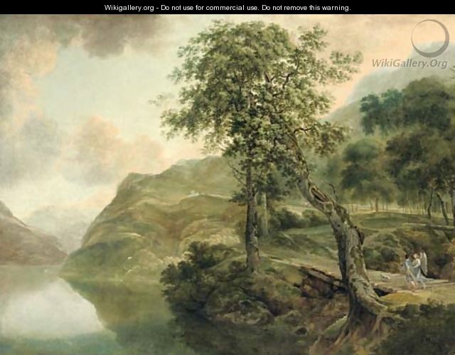 A mountainous wooded landscape with Tobias and the Angel on a wooden bridge near a lake - (after) Herman Van Swanevelt