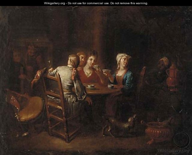 Company drinking tea and wine in an inn - (after) Heroman Van Der Mijn