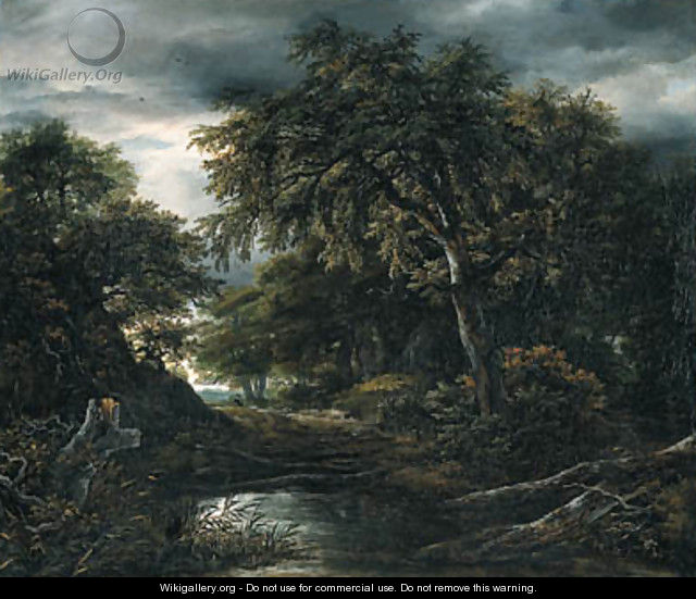 A wooded landscape in stormy weather with a pool, a peasant and a dog on a track - (follower of) Ruisdael, Jacob I. van