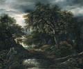 A wooded landscape in stormy weather with a pool, a peasant and a dog on a track - (follower of) Ruisdael, Jacob I. van