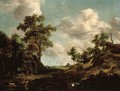 An extensive wooded landscape with a shepherd and his flock by an old barn - (follower of) Ruisdael, Jacob I. van