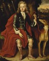 Portrait of a young huntsman, seated full-length, in a blue coat with a crimson wrap, holding a spear, a hound at his side - (after) Huysmans, Jacob