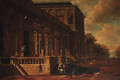 Elegant figures on the steps of a mansion, a park landscape beyond - (after) Jacobus Saeys