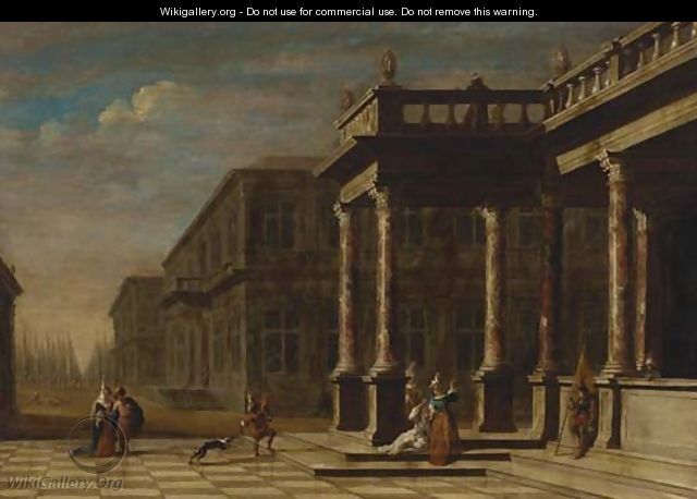 Elegant figures before a palace, a park beyond - (after) Jacobus Saeys
