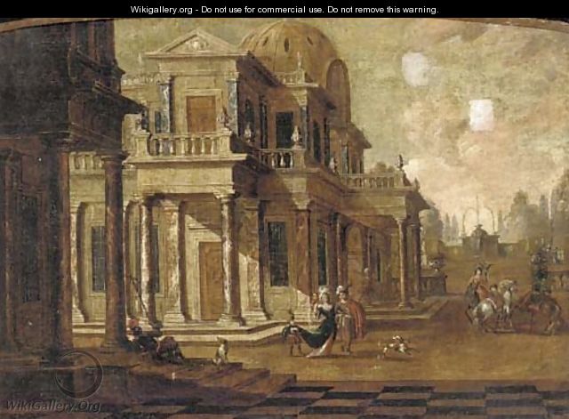 A capriccio of a classical palace with elegant company and falconers - (after) Jacobus Saeys