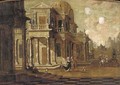 A capriccio of a classical palace with elegant company and falconers - (after) Jacobus Saeys