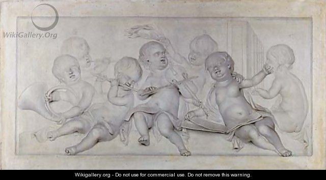 An allegory of Music, with putti singing and playing music, en grisaille an overdoor - (after) Jacob De Wit