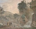 A mountainous river landscape with travellers by a waterfall - (after) Jacob De Heusch
