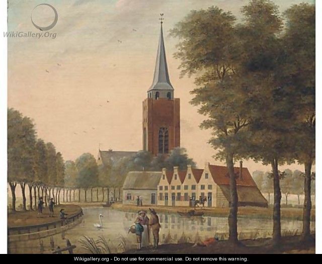 A canalside town with figures fishing and discoursing in the foreground - (after) Isaak Ouwater