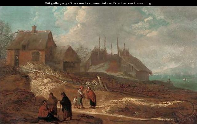 A dune landscape with figures conversing on a track before a village, a river beyond - (after) Jacobus Sibrandi Mancadan