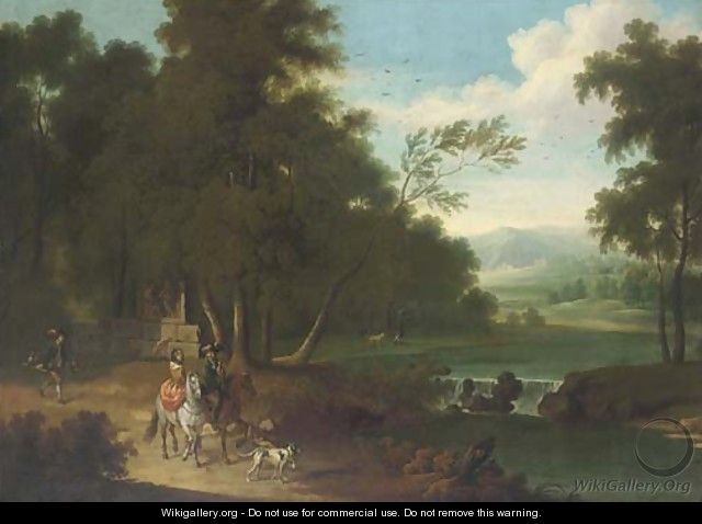 An extensive wooded river landscape with a hawking party on a track - (after) Joris Van Der Haagen Or Hagen