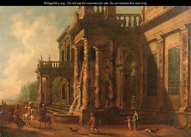 A classical villa with elegant figures on a falconry hunt - (after) Jacobus Saeys