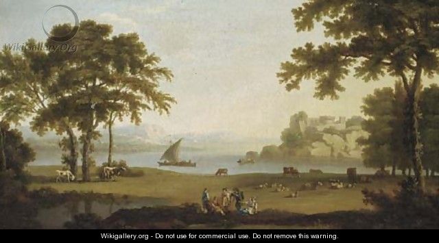 A landscape with figures at rest by sheep and cattle, boating on a lake and a hilltop fort beyond - (after) Jakob Philippe Hackert