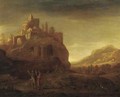 An open landscape with a hilltop fort, travellers on a path in the foreground - (after) Jacob Willemsz De The Elder Wet