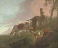 A landscape with a mounted drover and his cattle at twilight - (after) Jacob Van Stry