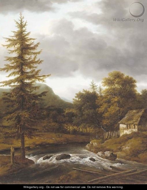 A wooded landscape with a riverside cottage - (after) Jacob Van Ruisdael