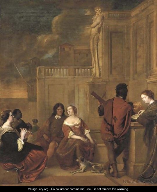 Elegant company listening to music on a terrace - (after) Jacob Van Loo