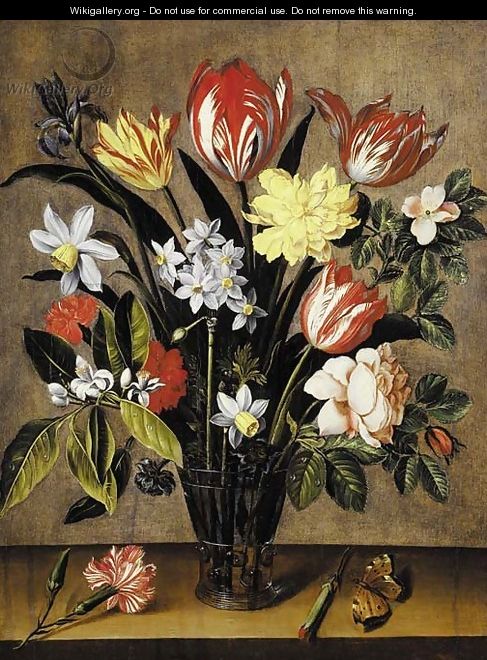 Tulips, daffodils, carnations, a rose and an iris in a berkemeyer with a butterfly on a wooden ledge - (after) Jacob Van Hulsdonck